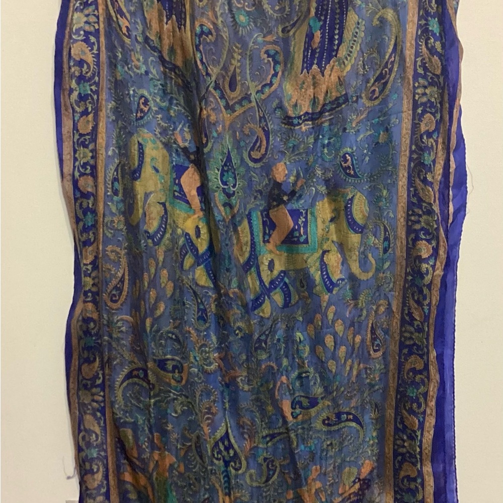 Blue and Gold Paisley Scarf 100% silk handmade in India 68” x 18”